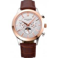 Best Patek Philippe Moonphase Chronograph White Dial Gold Case Brown Leather Strap 622843