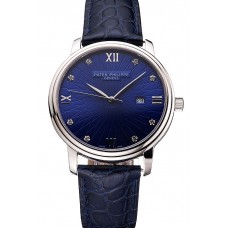 Best Quality Patek Philippe Calatrava Date Blue Dial Stainless Steel Case Blue Leather Strap