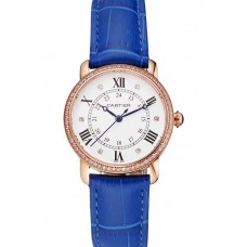 Cartier Ronde White Dial Diamond Bezel Rose Gold Case Blue Leather Strap