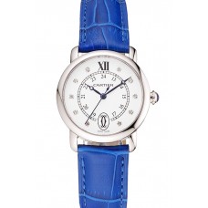 Cartier Ronde White Dial Diamond Hour Marks Stainless Steel Case Blue Leather Strap