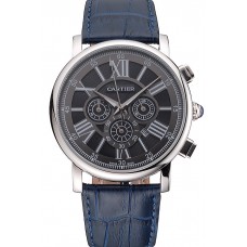 Cartier Rotonde Chronograph Black Dial Stainless Steel Case Blue Leather Strap