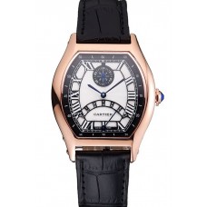 Cartier Tortue Perpetual Calendar White Dial Gold Case Black Leather Strap