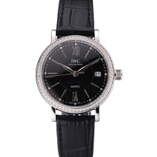 Cheap Copy IWC Portofino Black Dial Stainless Steel Case Diamonds Bezel Black Leather Strap