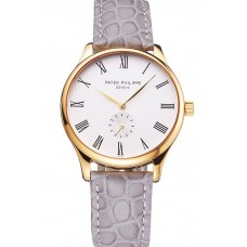 Cheap Patek Philippe Calatrava White Dial Gold Case Gray Leather Strap