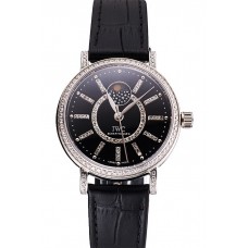 Copy IWC Portofino Moon Phase Black Dial With Diamonds Stainless Steel Case Diamonds Bezel Black Leather Strap