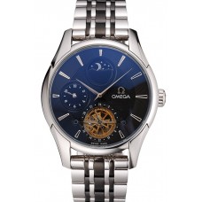 Copy Omega De Ville Moonphase Tourbillon Black Dial Stainless Steel Case Two Tone Black Steel Bracelet
