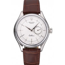 Copy Rolex Cellini White Dial Stainless Steel Case Brown Leather Bracelet 622723