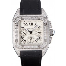 Copy Swiss Cartier Santos Silver Bezel with Diamonds and Black Leather Strap sct44 621528