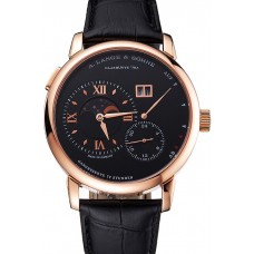 Fake A. Lange & Sohne Grand Lange 1 Moon Phase Black Dial Rose Gold Case Black Leather Strap
