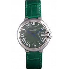 Fake Cartier Ballon Bleu Silver Bezel with Green Dial and Green Leather Band 621553