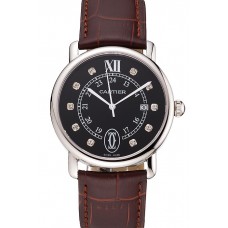 Fake Cartier Ronde Solo Black Dial Diamond Hour Marks Stainless Steel Case Brown Leather Strap