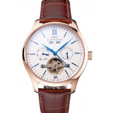 Fake IWC Portofino Tourbillon White Dial Blue Markings Rose Gold Case Brown Leather Strap