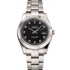 Fake Knockoff Swiss Rolex Datejust Black Dial Dimond Hour Marks Stainless Steel Case And Bracelet
