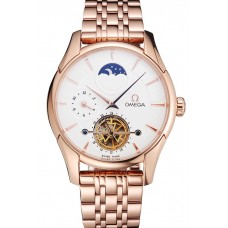 Fake Omega De Ville Moonphase Tourbillon White Dial Rose Gold Case And Bracelet