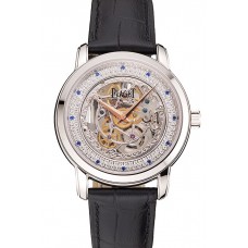 Fake Swiss Piaget Altiplano Skeleton Dial With Diamonds Stainless Steel Case Black Leather Strap