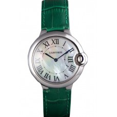 Fashion Imitation Cartier Ballon Bleu Silver Bezel with Pearl Dial Green Leather Band 621552