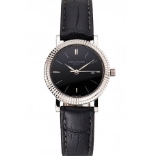Fashion Replica Patek Philippe Calatrava Black Dial Double Ribbed Bezel Stainless Steel Case Black Leather Strap