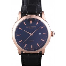 First-class Quality Patek Philippe Calatrava Roze Gold Polished Bezel Black Leather Bracelet 801432