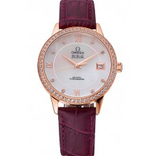 High Quality Omega DeVille Prestige Co-Axial Diamond Gold Case Mother-Of-Pearl Dial Purple Leather Strap