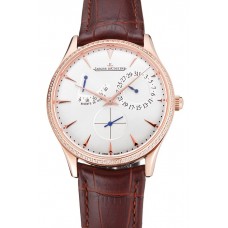 High Quality Replica Swiss Jaeger LeCoultre Master Ultra Thin Reserve De Marche Silver Dial Diamond Bezel Rose Gold Case Brown Leather Strap