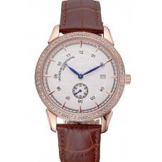 High Quality Vacheron Constantin Traditionnelle White Ship Dial Rose Gold Case With Diamonds Brown Leather Strap