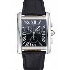 Hot Cartier Tank MC Black Dial Stainless Steel Case Black Leather Bracelet 622690
