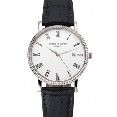 Hot Patek Philippe Calatrava White Dial Roman Numerals Ribbed Bezel Stainless Steel Case Black Leather Strap