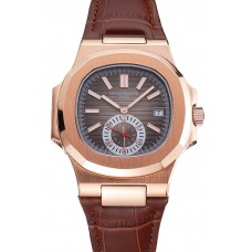 Imitation 1:1 Patek Philippe Nautilus Gray Dial Rose Gold Case Brown Leather Strap