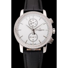 Imitation AAAAA Swiss Vacheron Constantin Patrimony Traditionnelle Chronograph White Dial Diamond Bezel Stainless Steel Case Black Leather Strap 1453769