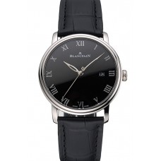 Imitation Blancpain Villeret Ultra Slim Black Dial Stainless Steel Case Black Leather Strap