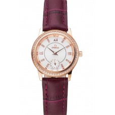 Imitation Omega De Ville Prestige Small Seconds White Dial Diamond Bezel Rose Gold Case Purple Leather Strap
