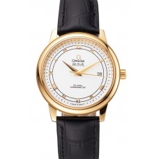 Imitation Omega De Ville Prestige White Dial Gold Case Black Leather Strap