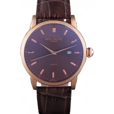 Imitation Patek Philippe Calatrava Roze Gold Ribbed Bezel Brown Leather Bracelet 801433