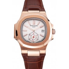 Imitation Patek Philippe Nautilus White Dial Rose Gold Case Brown Leather Strap