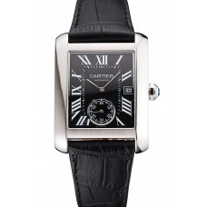 Imitation Swiss Cartier Tank MC Black Dial Stainless Steel Case Black Leather Strap