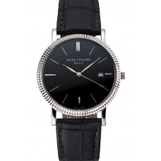 Knockoff Best Patek Philippe Calatrava Black Dial Ribbed Bezel Stainless Steel Case Black Leather Strap