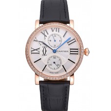 Knockoff Cartier Ronde Second Time Zone White Dial Gold Case With Diamonds Black Leather Strap 622809