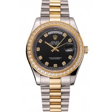 Knockoff Cheap Swiss Rolex Day-Date Black Dial Gold Diamond Case Two Tone Stainless Steel Bracelet 1453975