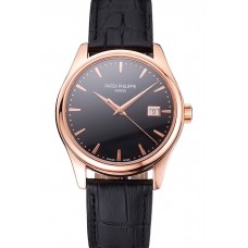 Knockoff Swiss Patek Philippe Calatrava Black Dial Rose Gold Case Black Leather Strap