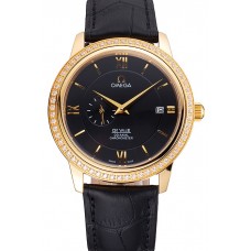 Omega De Ville Prestige Co-Axial Black Dial Gold Diamond Case Black Leather Strap Roman Numeral