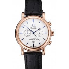 Omega Seamaster Vintage Chronograph White Dial Blue Hour Marks Rose Gold Case Black Leather Strap