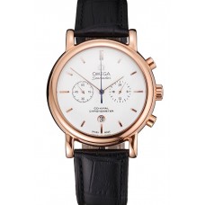 Omega Seamaster Vintage Chronograph White Dial Rose Gold Case Black Leather Strap