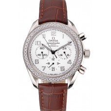 Omega Speedmaster White Dial Stainless Steel Case Diamond Bezel Brown Leather Strap