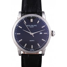 Patek Philippe Calatrava Stainless Steel Ribbed Bezel Black Leather Bracelet 801431