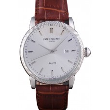 Patek Philippe Calatrava Stainless Steel Ribbed Bezel Brown Leather Bracelet 801429