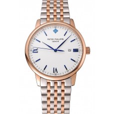 Patek Philippe Calatrava White Dial Blue Numerals Rose Gold Case Two Tone Bracelet 1453829