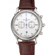 Patek Philippe Chronograph White Dial With Diamonds Stainless Steel Case Brown Leather Strap