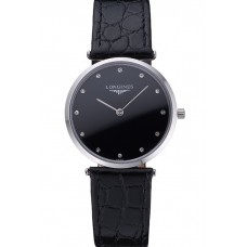 Quality Longines La Grande Classique Black Dial Black Leather Band Diamond Markers Homme 622129