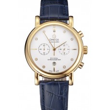 Replica 1:1 Omega Seamaster Vintage Chronograph White Dial Diamond Hour Marks Gold Case Blue Leather Strap