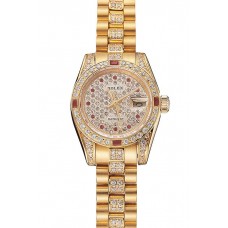Replica AAA Swiss Rolex DayJust Red Diamond Pave Dial Gold Diamond Bracelet 1453959